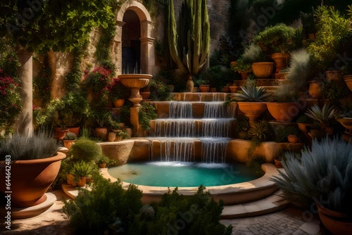 An enchanting Mediterranean garden  with terraced levels and cascading fountains 