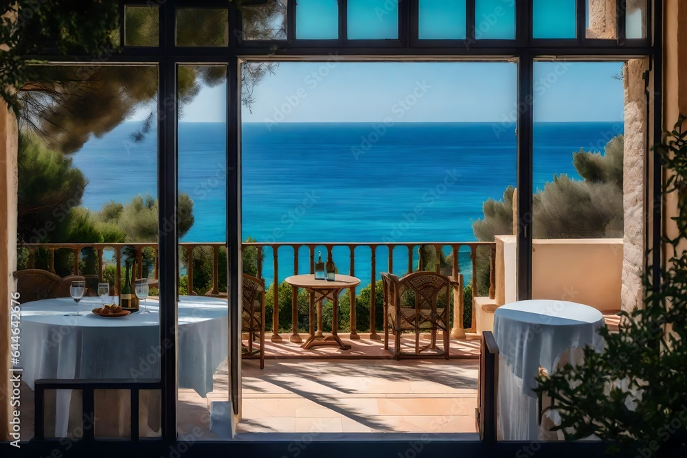 A serene view from the windows of a Mediterranean villa, capturing the sparkling blue waters of the Mediterranean Sea 