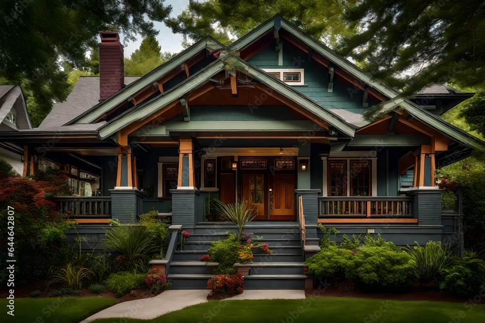 The charming exterior of a Craftsman bungalow, showcasing its low-pitched roof and intricate eaves The charming exterior of a Craftsman bungalow, showcasing its low-pitched roof and intricate eaves