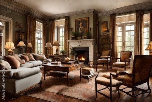The classic elegance of a Colonial living room, with antique furnishings and a roaring fireplace  © Fahad