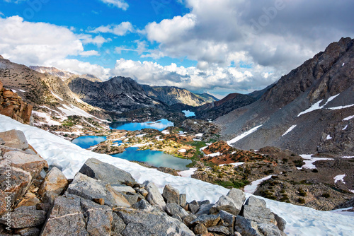 Alpine lakes from a view, snow, mountains