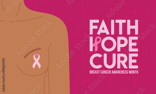 Breast Cancer Awareness Month. Horizontal poster with black woman with lumpectomy breast scar and pink ribbon. Faith, hope, cure. Cancer prevention and women health care support illustration