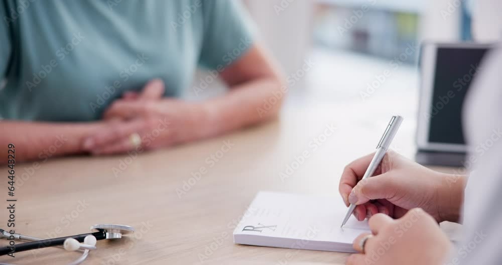 Doctor, hands and writing prescription for patient, checkup or ...
