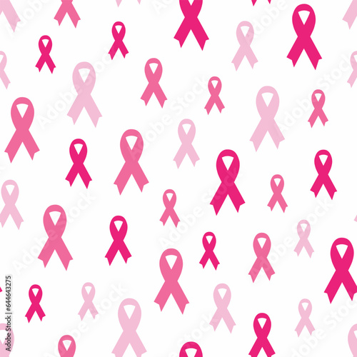 Seamless pattern with pink cancer ribbons. Breast Cancer Awareness Month pink and white background. Cancer ribbon symbol. Cancer prevention, women health care support. Hand drawn illustration