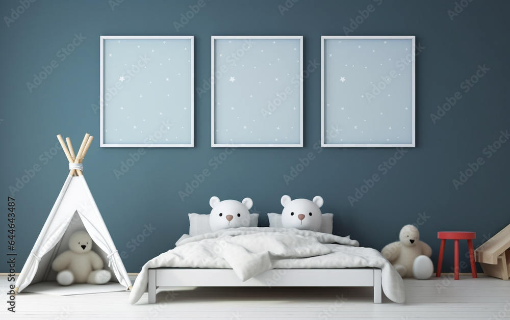 Mock up posters in child room interior, posters on empty blue wall background Mock up posters in child room interior, posters on empty blue wall background