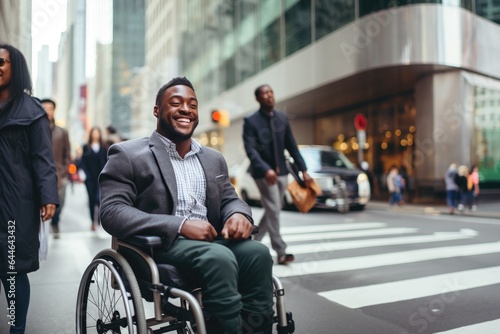 A confident Black man in a wheelchair navigates through a bustling city environment. Ideal for themes of accessibility, empowerment, and urban life. © Davis Brown