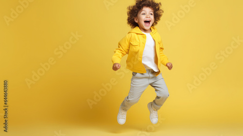 Generative AI, surprised child, little curly cute kid, cheerful toddler, emotions, shocked joyful facial expression, enthusiastic face, colorful bright background, emotional portrait