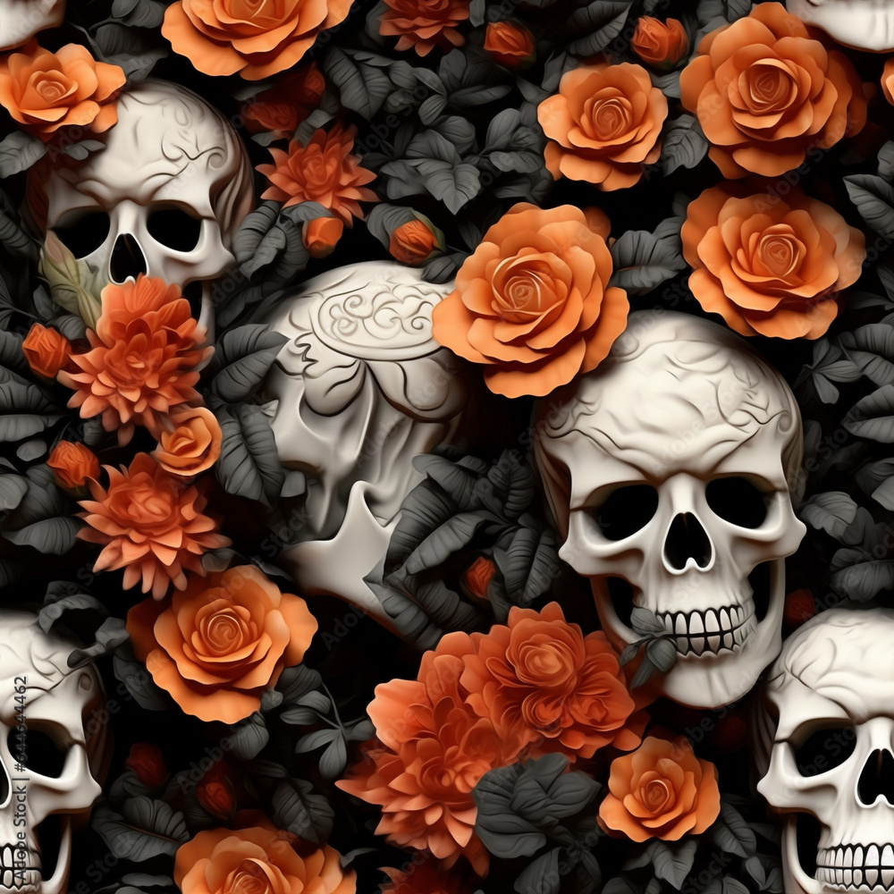 3D seamless pattern, skulls and roses. Halloween pattern wrap background. High quality photo 3D seamless pattern, skulls and roses. Halloween pattern wrap background. High quality photo