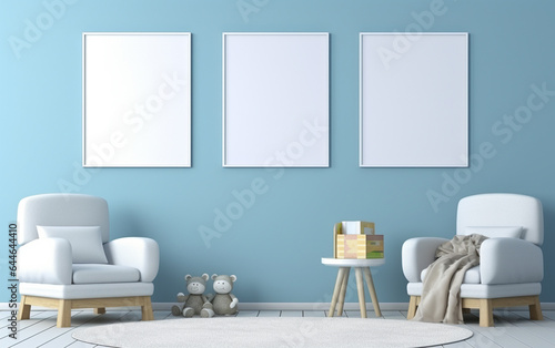 Mock up posters in child room interior, posters on empty blue wall background