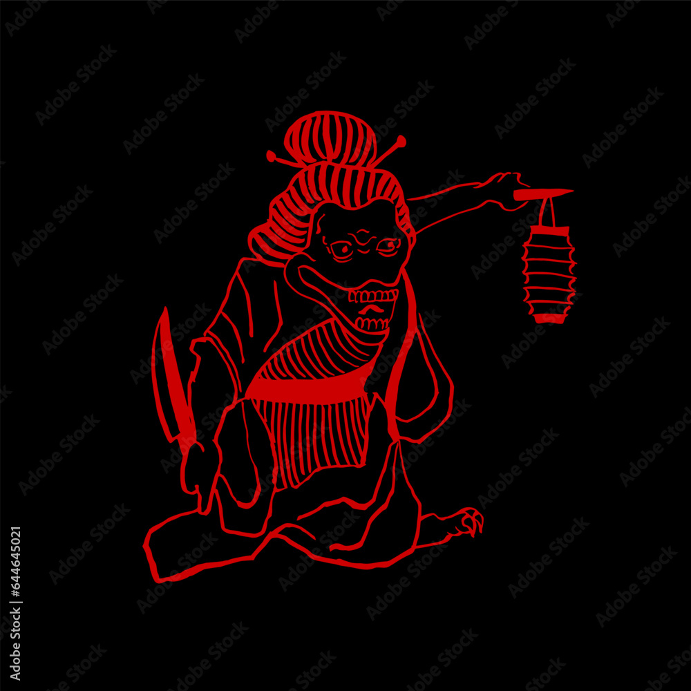 Japanese yokai demon. Vector, hand drawing, ink, graphics, sketch, doodle, monster with a lantern, red on black. Folklore, fairy tales, traditions, horrors, Halloween. Eps10
