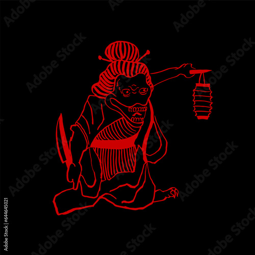 Japanese yokai demon. Vector, hand drawing, ink, graphics, sketch, doodle, monster with a lantern, red on black. Folklore, fairy tales, traditions, horrors, Halloween. Eps10