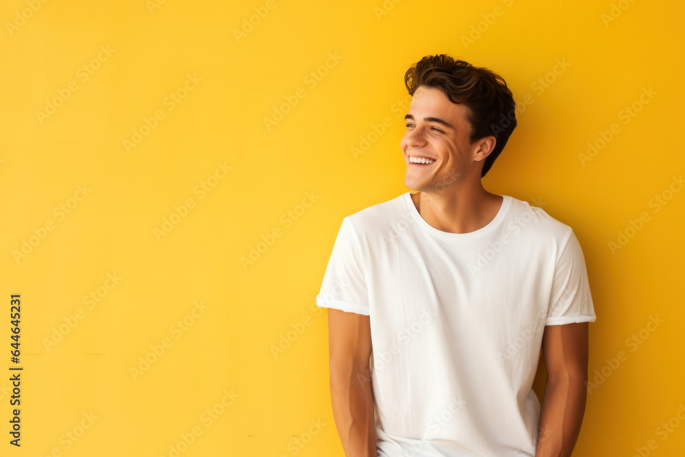 Happy Young Italian Man in White T-Shirt Over Yellow Background With Copy Space Happy Young Italian Man in White T-Shirt Over Yellow Background With Copy Space