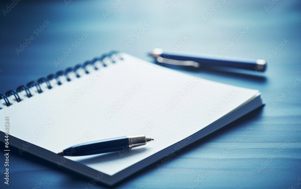 Notepad on a table with pen before meeting, blue tone, business concept with copy space Notepad on a table with pen before meeting, blue tone, business concept with copy space