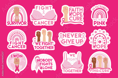 Set of stickers for Breast Cancer Awareness Month. Pink breast cancer ribbon. In October We wear pink, We fight together, survivor, nobody fight alone phrase. Hand drawn illustration