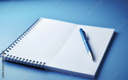 Notepad on a table with pen before meeting, blue tone, business concept with copy space