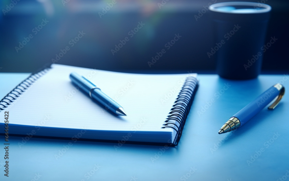 Notepad on a table with pen before meeting, blue tone, business concept with copy space Notepad on a table with pen before meeting, blue tone, business concept with copy space