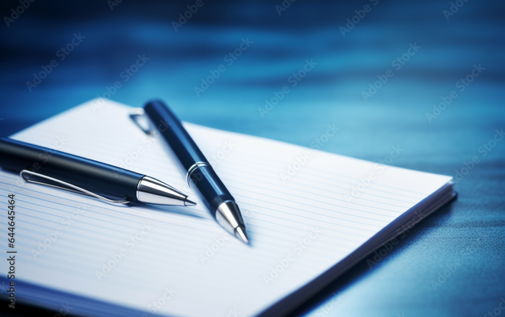 Notepad on a table with pen before meeting, blue tone, business concept with copy space Notepad on a table with pen before meeting, blue tone, business concept with copy space