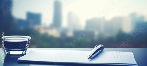 Notepad on a table with pen before meeting, blue tone, business concept with copy space photo