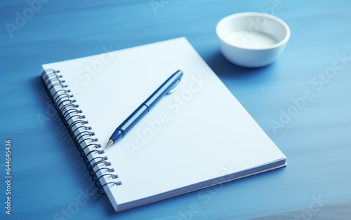 Notepad on a table with pen before meeting, blue tone, business concept with copy space