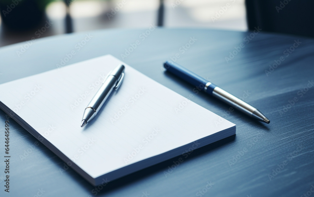 Notepad on a table with pen before meeting, blue tone, business concept with copy space Notepad on a table with pen before meeting, blue tone, business concept with copy space