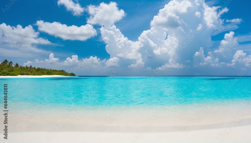 Sandy beach with white sand and rolling calm wave of turquoise ocean on sunny day, white clouds in blue sky background