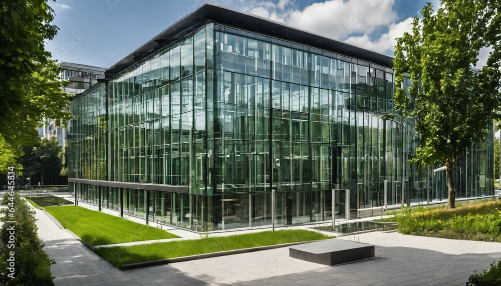 Eco-Friendly Glass Office: Sustainable Building with Trees and Green Environment Eco-Friendly Glass Office: Sustainable Building with Trees and Green Environment