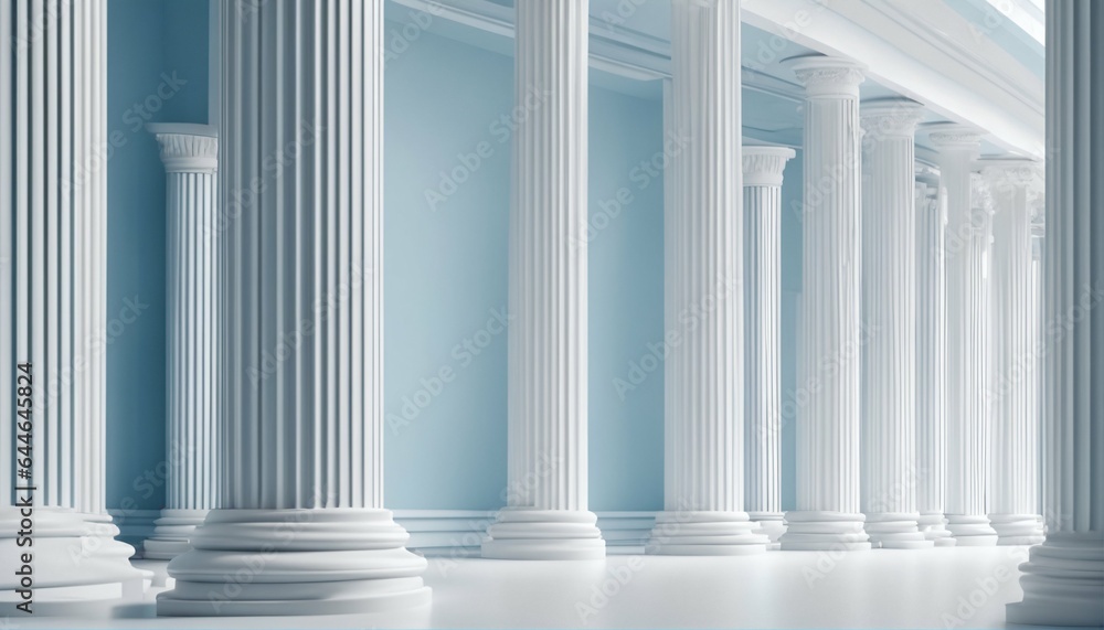 Minimalistic white and light blue architectural background banner with tilted columns, beautiful and airy