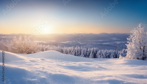 Winter snow flakes on blue sky in evening, winter snow background with snowdrifts, banner format, copy space