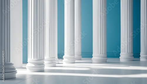 Minimalistic white and light blue architectural background banner with tilted columns, beautiful and airy