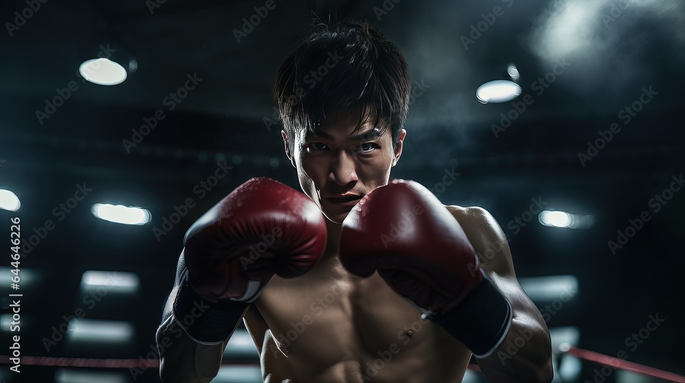 Male boxer wearing boxing gloves. Generative AI. Male boxer wearing boxing gloves. Generative AI.