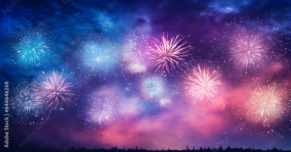 Fototapeta premium Colorful Firework Display In Sky, Celebration Background