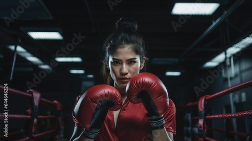Female boxer wearing boxing gloves. Generative AI.