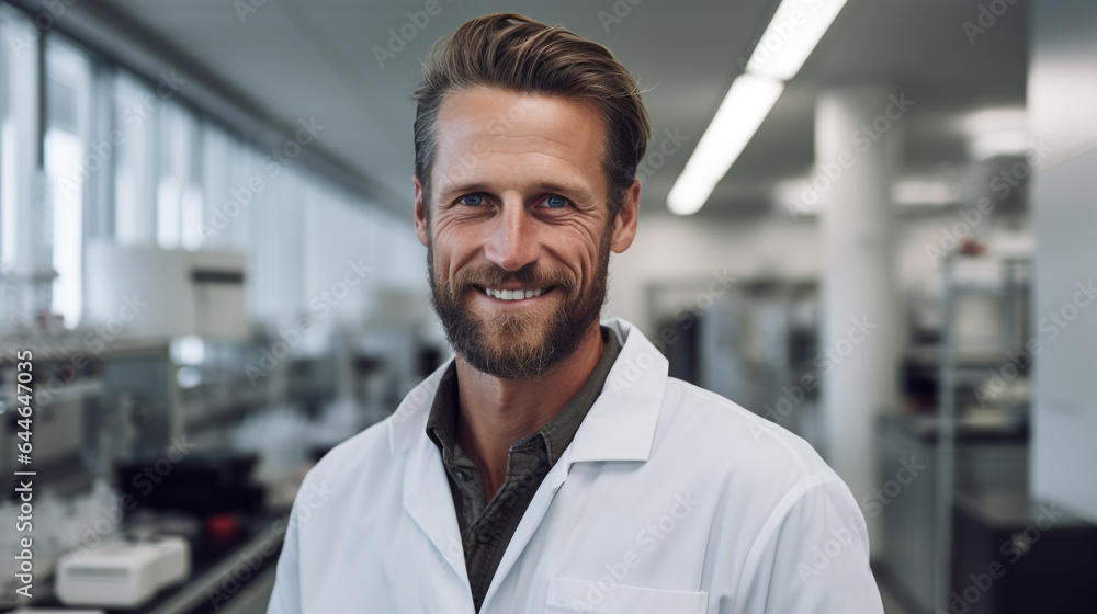 A scientist at a lab looking at the camera and smiling
