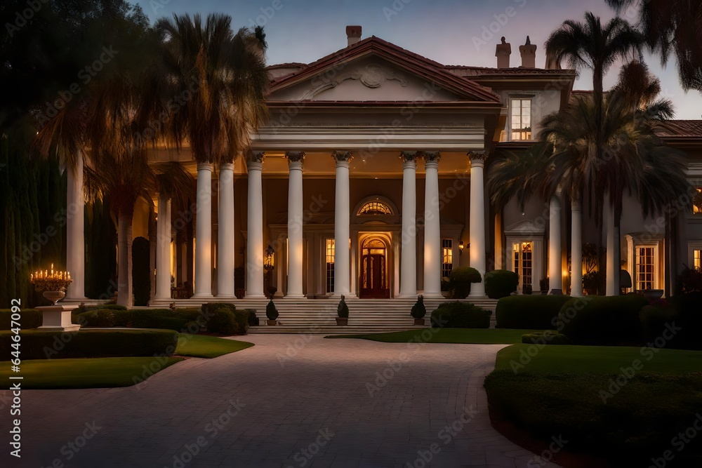 The grandeur of a mansion's exterior, with stately columns and a sweeping driveway, bathed in soft evening light 