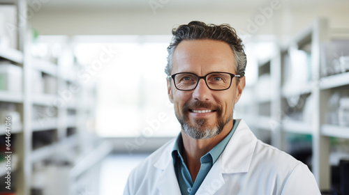 A scientist at a lab looking at the camera and smiling
