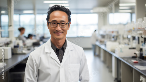 An Asian scientist at a lab looking at the camera and smiling