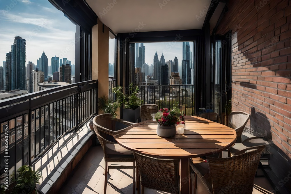 An apartment's private balcony, furnished with comfortable seating and overlooking the bustling city below 