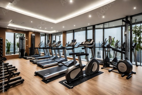 An apartment's private fitness center, equipped with state-of-the-art exercise machines and natural light 