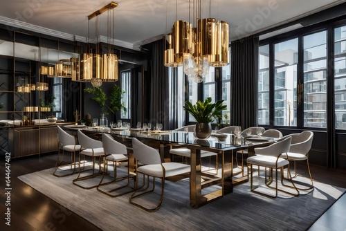 An apartment's chic dining area, with a glass table and designer lighting fixtures 