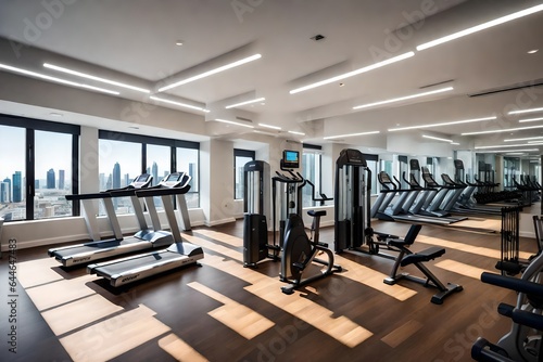 An apartment's private fitness center, equipped with state-of-the-art exercise machines and natural light 