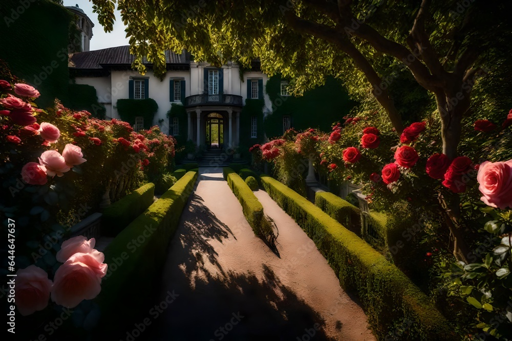 The tranquility of a mansion's garden path, lined with fragrant roses and dappled sunlight 