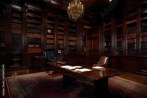 A mansion's elegant home office, featuring rich wood paneling and leather-bound books 