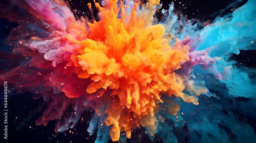 A vibrant aqua explosion against a moody blue background captivates with its vivid display of color, colorful aqua color explosion background, generative ai