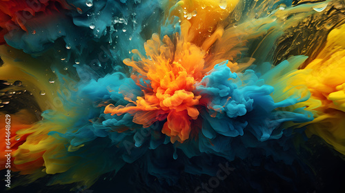 A vibrant aqua explosion against a moody blue background captivates with its vivid display of color, colorful aqua color explosion background, generative ai