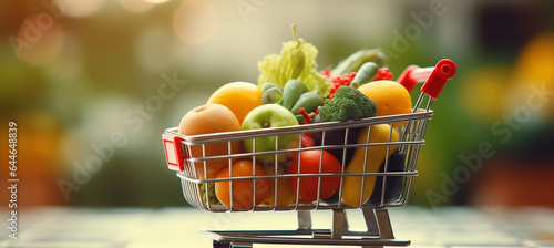 Shopping basket containing fresh foods with blurry background isolated for supermarket grocery  food and eating