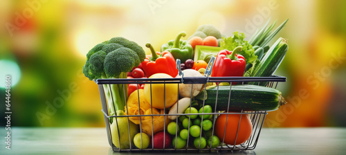 Shopping basket containing fresh foods with blurry background isolated for supermarket grocery, food and eating