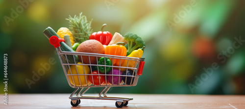 Shopping basket containing fresh foods with blurry background isolated for supermarket grocery  food and eating