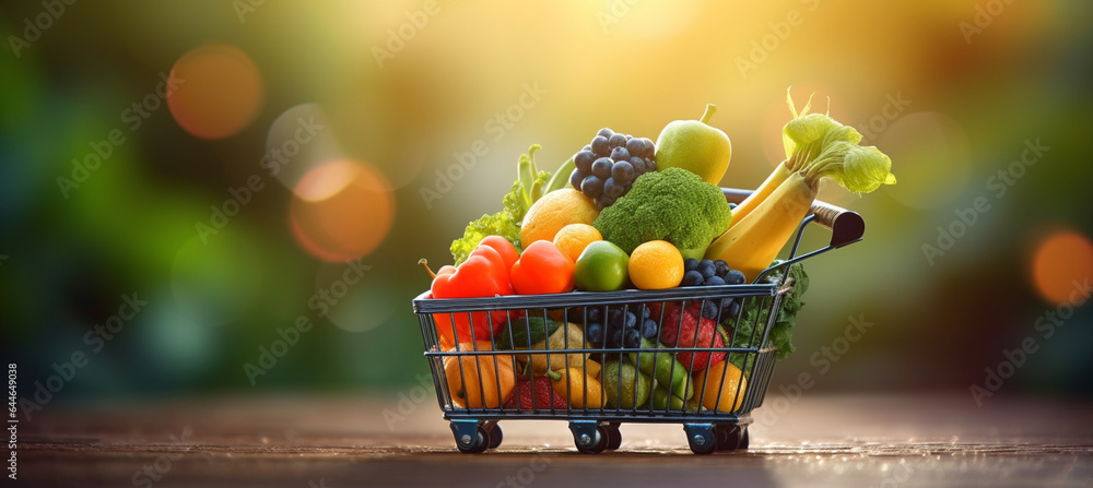 Shopping basket containing fresh foods with blurry background isolated for supermarket grocery, food and eating. Shopping basket containing fresh foods with blurry background isolated for supermarket grocery, food and eating.