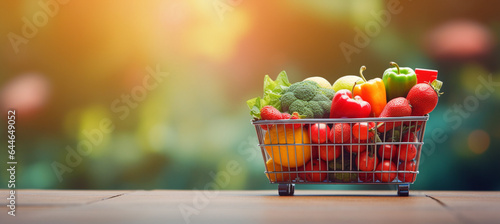 Shopping basket containing fresh foods with blurry background isolated for supermarket grocery  food and eating.