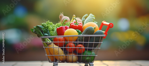 Shopping basket containing fresh foods with blurry background isolated for supermarket grocery  food and eating.